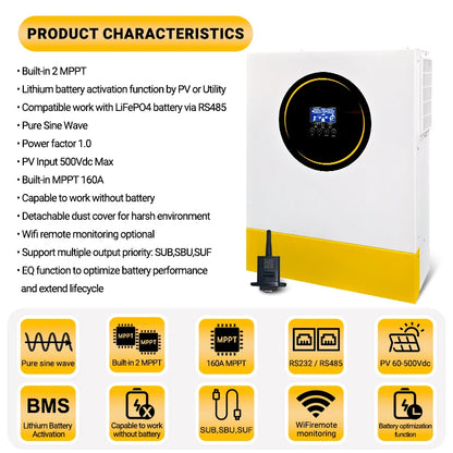 Hybride Zonne-Energie Omvormer – Solar Omvormer – PV Omvormer – Zonnepaneel Omvormer – Netgekoppelde Omvormer – 6,2 kW / 11 kW vermogen – WiFi en RS232 Communicatie