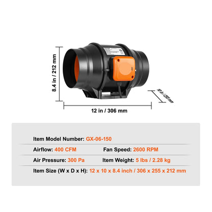 Inline Duct Ventilator - Buisventilator - Pijpventilator - 6-Inch - met Temperatuur - en Vochtigheidscontroller - 34dB - 400 CFM - voor Luchtcirculatie en Kweekruimtes