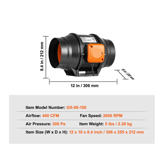 Inline Duct Ventilator - Buisventilator - Pijpventilator - 6-Inch - met Temperatuur - en Vochtigheidscontroller - 34dB - 400 CFM - voor Luchtcirculatie en Kweekruimtes