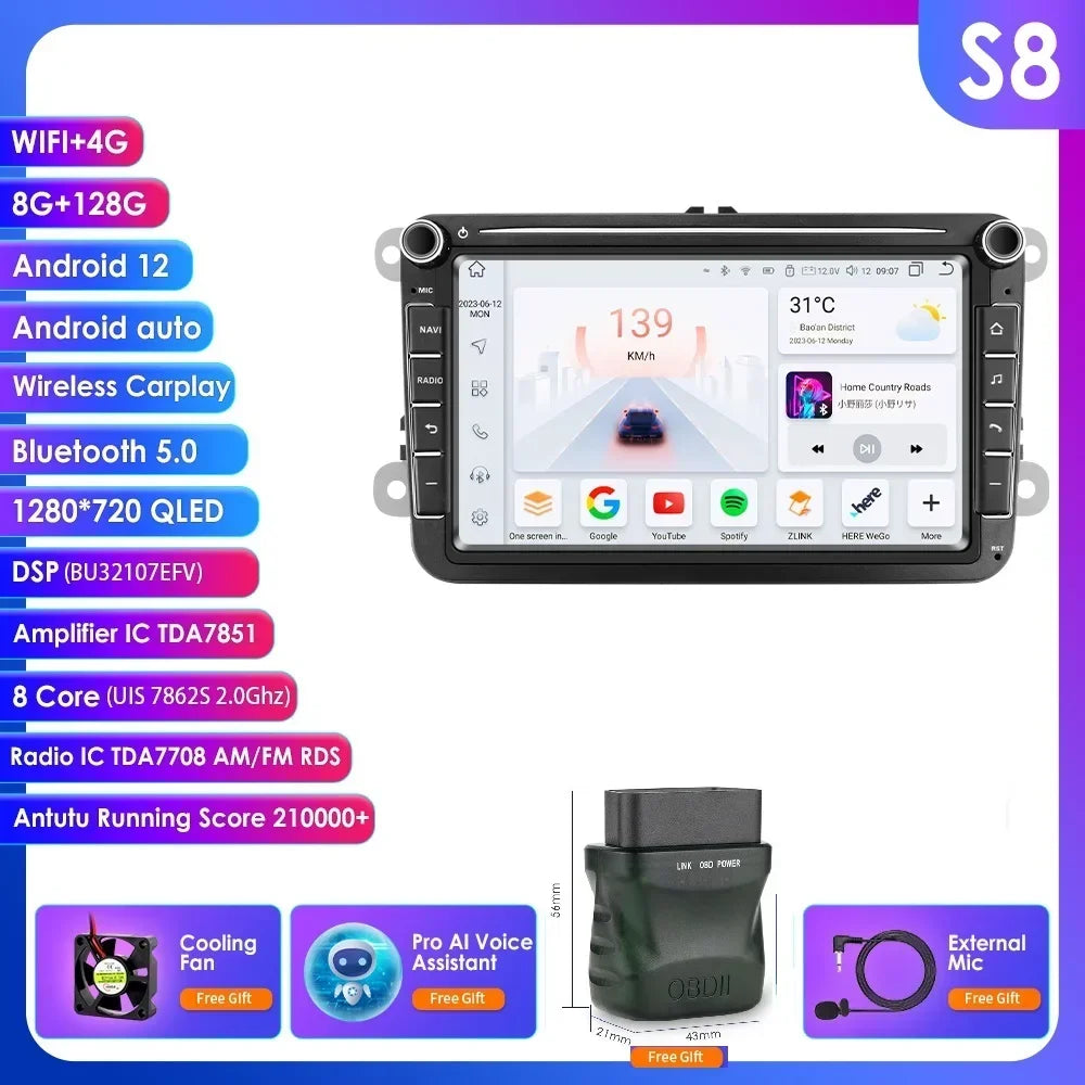 Android Autorradio – Multimedia Systeem – Navigatie – Carplay – Android Auto – 8 Inch QLED Touchscreen – 4GB RAM 64GB Opslag