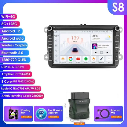 Android Autorradio – Multimedia Systeem – Navigatie – Carplay – Android Auto – 8 Inch QLED Touchscreen – 4GB RAM 64GB Opslag