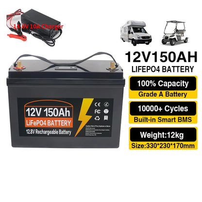 Batterij - Solar batterijen - Powerstation - Zonne opslag - Lithium IJzer Fosfaat Batterij - Opslag - 12V - 150AH - LiFePO4 Batterij met Ingebouwde BMS voor RV, Campers, Golfkarren en Zonne-opslag