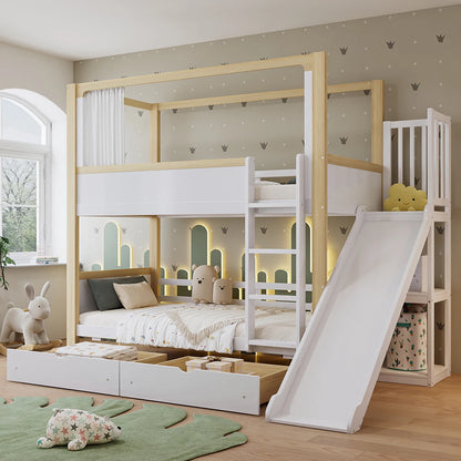 Kinderstapelbed – Stapelbed Kinderbed Bedbank Speelbed – Wit 90x200 cm – Glijbaan – Opberglades met Wieltjes