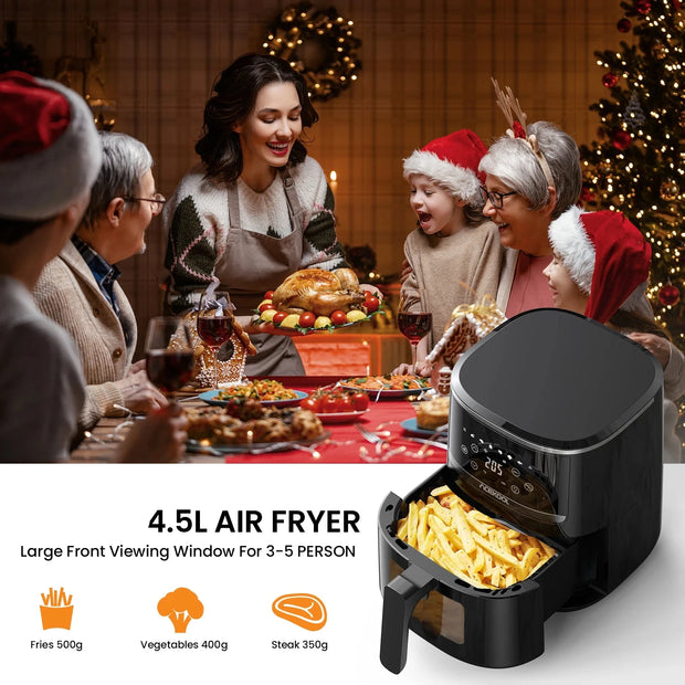 Digital Airfryer - PFAS free - Large 5 Liter - Hot air fryer - Black - Digital screen - 8 Presets - Including height-adjustable Grill rack - 2000W
