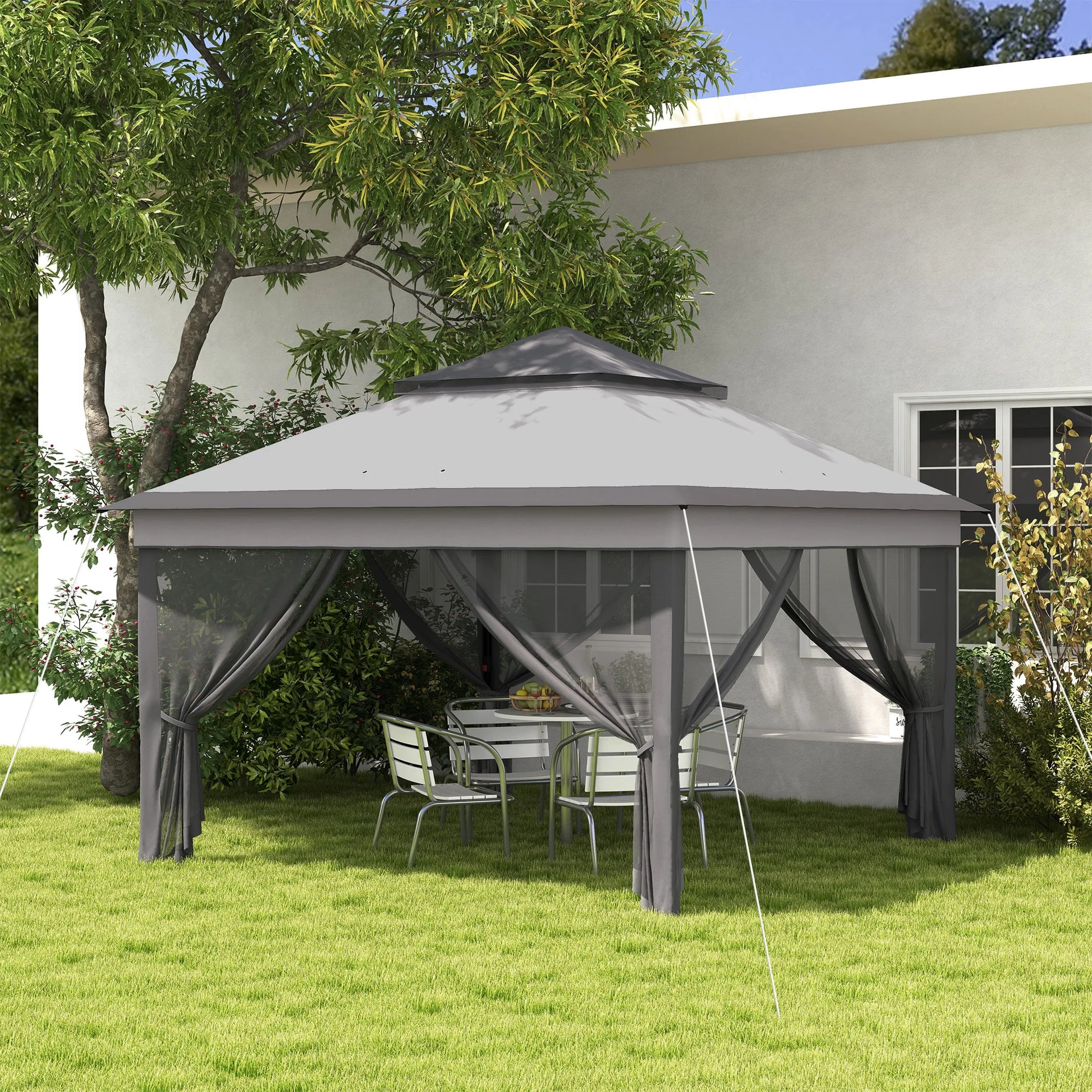 Paviljoen - Tuinpaviljoen - Partytent - Tuintent - Pop-up Kliksysteem - Stabiel - Vouwtent - met Mesh Cover - Draagtas - Opvouwbaar - Waterdicht - Winterbestendig - 50+UV-Bescherming - voor Tuin - Buiten - Achtertuin - 326 x 326 x 272 cm - Grijs - QUORE