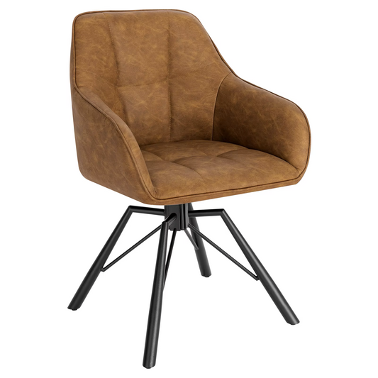 Stoel - Eetkamerstoel - Draaibare Eetkamerstoel - Ergonomisch - Eetkamerstoel met Armleuningen – Comfortabele - Gestoffeerde Keukenstoel – Leer Zitting – 360° Rotatie – Modern Design - 58.5x54.5x82.5cm - Lichtbruin Leer - QUORE