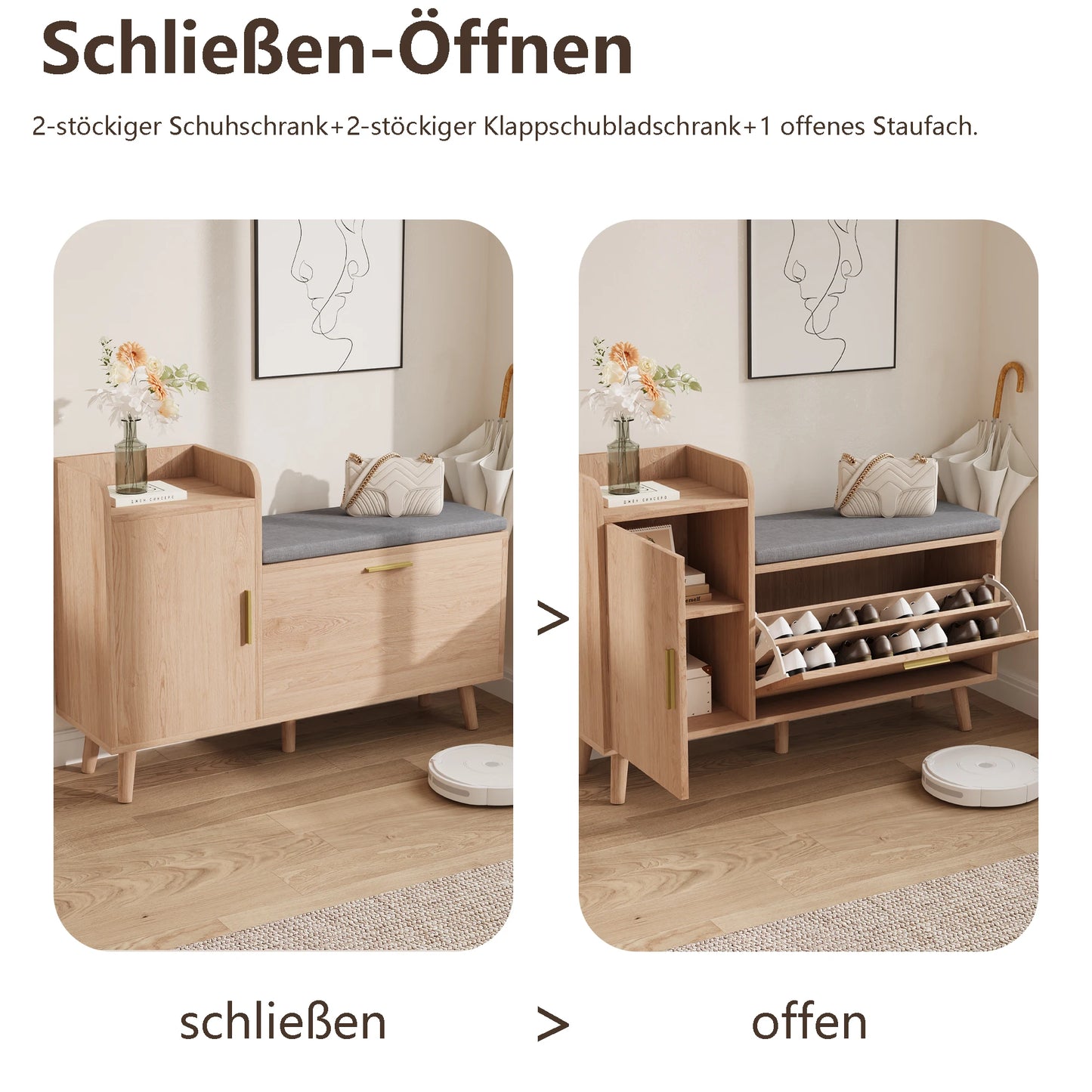 Schoenenbank – Schoenenkast – Schoenenrek – Zitbank – Opbergbank – Met 3 Lades – Compact Landelijk Design 100x30x69,5 cm