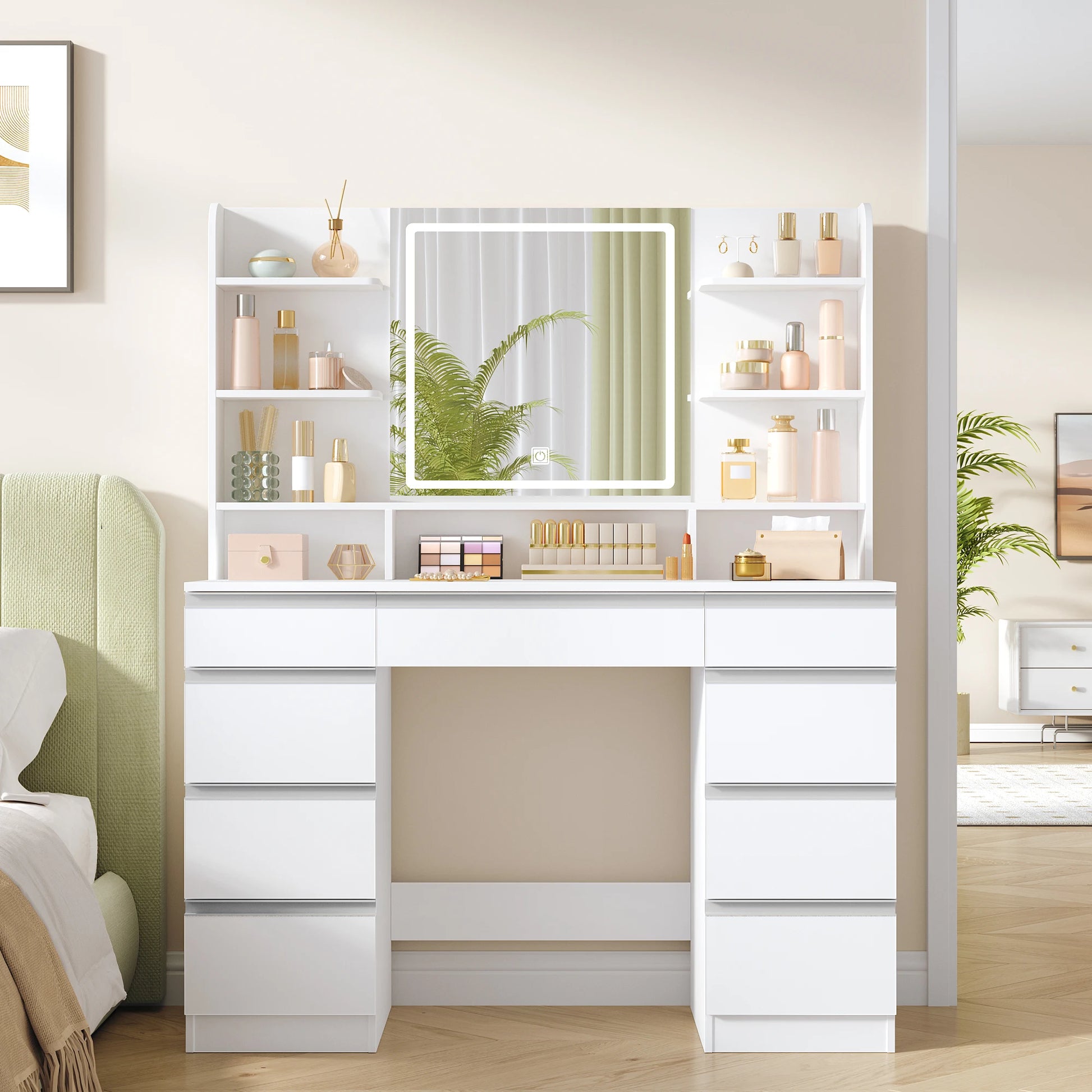 Make-up Tafel – Kaptafel – Visagietafel – Schminktisch – Make-up Bureau – Wit – 9 Lades & 9 Open Vakjes – Verstelbare LED Verlichting met 3 Kleuren - QUORE