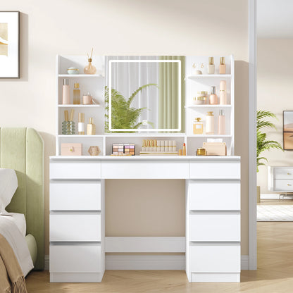 Make-up Tafel – Kaptafel – Visagietafel – Schminktisch – Make-up Bureau – Wit – 9 Lades & 9 Open Vakjes – Verstelbare LED Verlichting met 3 Kleuren - QUORE