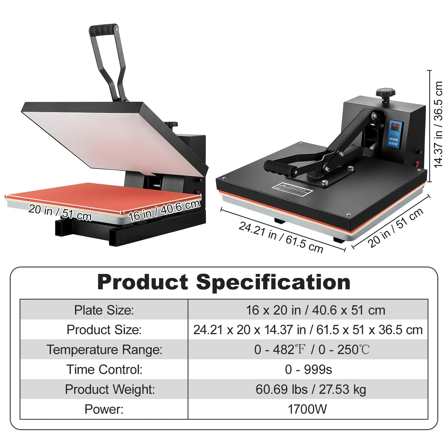 Warmtepers –  Hittepers – Transferpers – Sublimatiepers – Textielpers – Grote Persplaat 16 x 20 inch – Digitale Temperatuurregeling - Zwart