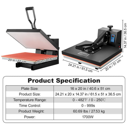 Warmtepers –  Hittepers – Transferpers – Sublimatiepers – Textielpers – Grote Persplaat 16 x 20 inch – Digitale Temperatuurregeling - Zwart