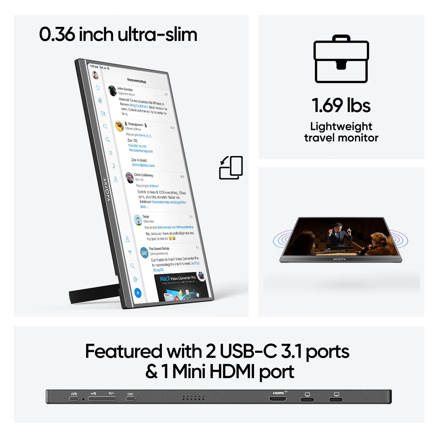 Draagbare Monitor – Extern Scherm – Mobiel Beeldscherm – Laptop Uitbreiding – 17,3 Inch Full HD – IPS Scherm – USB-C & Mini HDMI Aansluiting