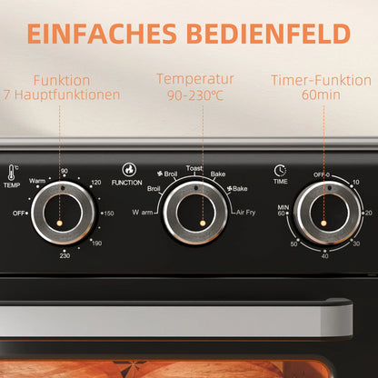 Mini Oven with Air circulation 20L Mini oven, 90°C-230°C hot air skillet, 5 modes, French fry basket, 1400W, metal