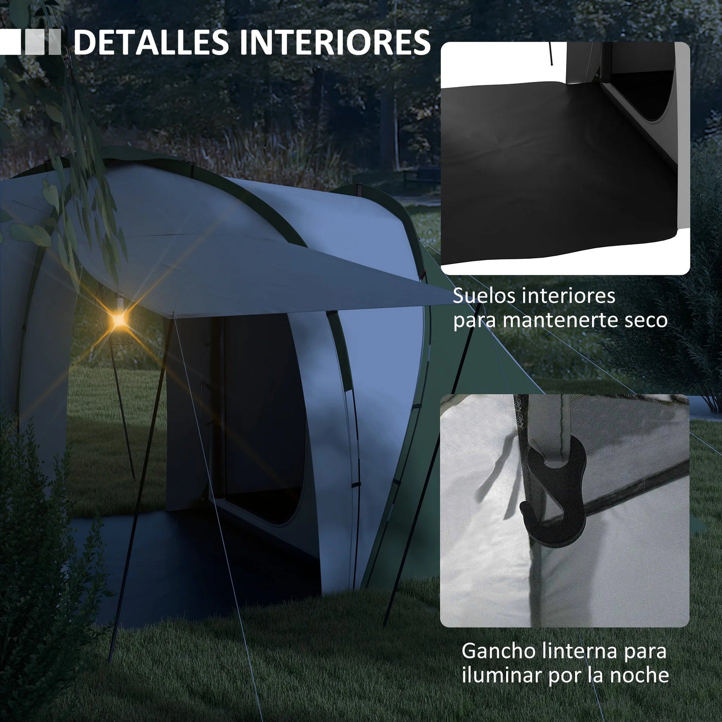 Familietent voor 4-6 Personen - 555x225x190 cm - Groen - 2 Slaapkamers & 1 Woonruimte - Waterdicht - UV-bescherming