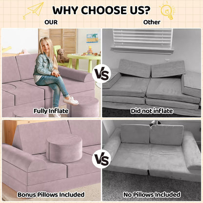 Zetel - Kinderbank - Kinderzetel - Bankje - Bank - Modulaire - Sectie Sofa - Fortplay Meubel - voor Slaapkamer en Speelkamer – Converteerbare Schuim & Vloerkussen - Roze