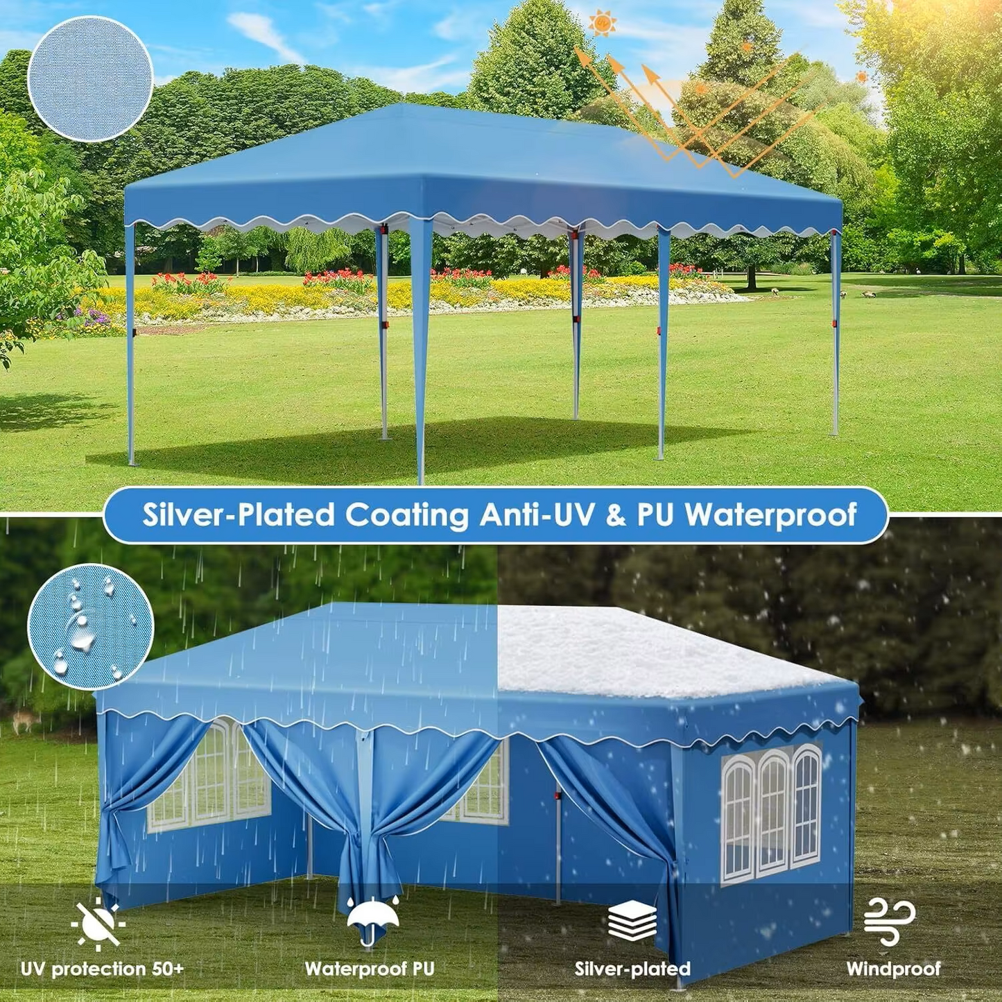 Paviljoen - Tuinpaviljoen - Partytent - Tuintent - Pop-up Kliksysteem - Stabiel - Vouwtent - Opvouwbaar - met 6 Zijpanelen - Waterdicht - Winterbestendig - 50+UV-Bescherming - voor Tuin - Buiten - Achtertuin - Oxford fabric - 3 x 6 m - Blauw