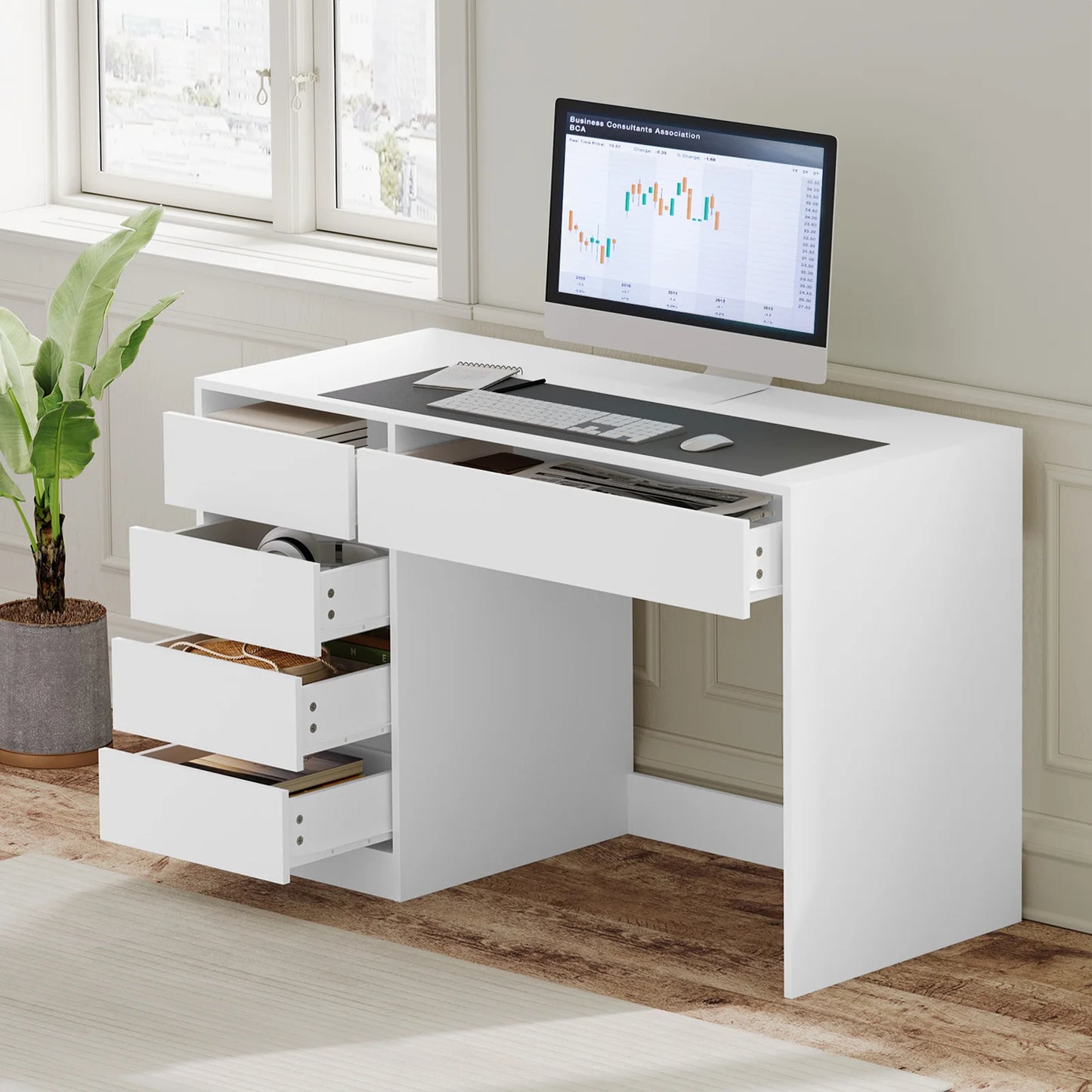 Computertafel - Bureau – Computerbureau – Studietafel – Make-Up Tafel – Hobbytafel – 5 Laden – Waterafstotend Hout - 120 x 55 x 75.4 cm - Wit - QUORE