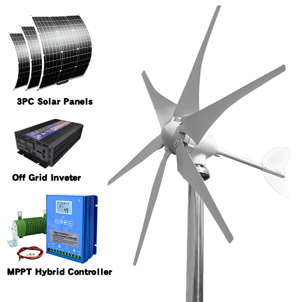 Windturbine - Windmolen - Windturbine Generator - Windenergie - 3000W - 12V - met Zonne-energiesysteem - Duurzame en Stille Oplossing - voor Huishoudens en Off Grid Toepassingen - QUORE