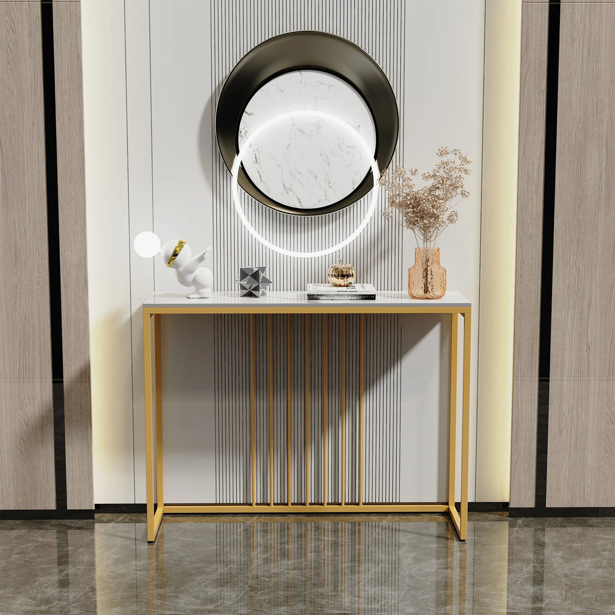 Tafel - Consoletafel - Haltafel - Moderne & Minimalistisch Consoletafel – Marmeren Look – Smalle Haltafel met Gouden Metaal Frame – Luxe Bijzettafel - voor Woonkamer - Gang - Entree - 100x30x78.5cm - Wit - QUORE