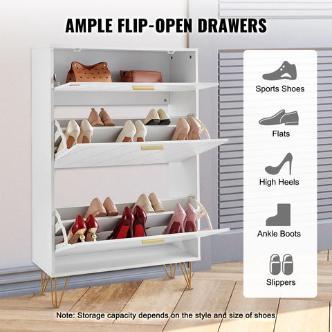 Shoe rack - Shoe cabinet - 3 folding drawers - 80 x 23.9 x 120 cm - P2 chipboard - iron - white