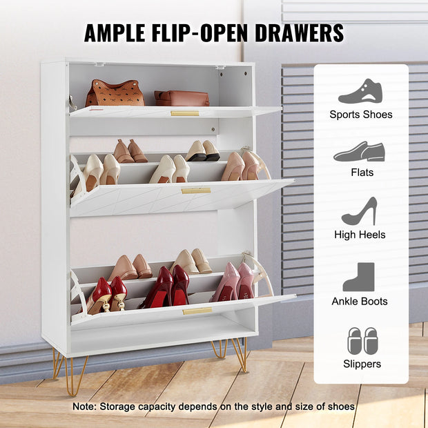 Shoe rack - Shoe cabinet - 3 folding drawers - 80 x 23.9 x 120 cm - P2 chipboard - iron - white