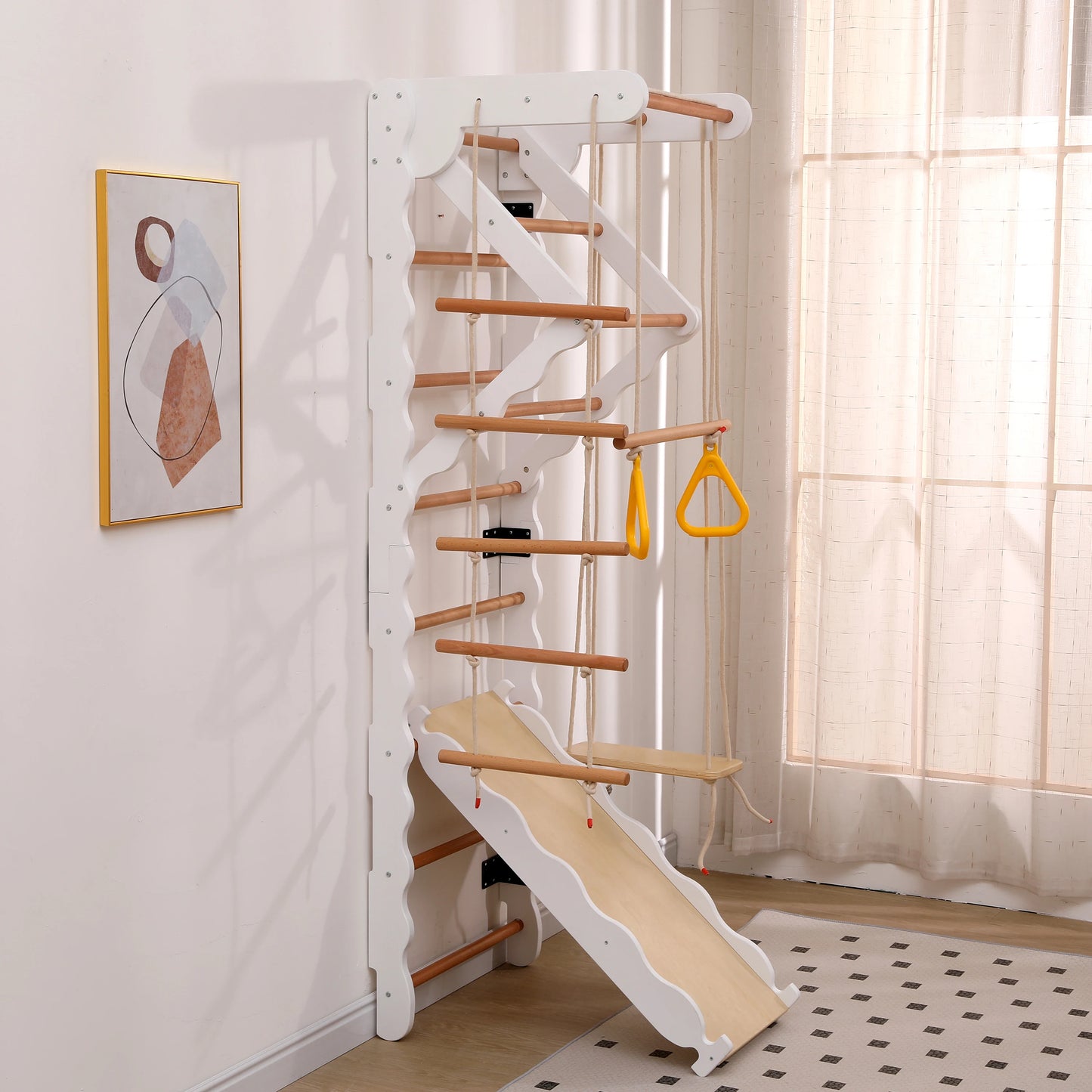 Kinderbed – Peuterbed – Juniorbed – Eenpersoonsbed – Vloerbed – 140x200 cm – Massief Grenenhout & MDF – Met Opberglades en Veiligheidsrailingen – Inclusief Trap