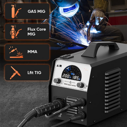 4 in 1 - Gas MIG Lasmachine - Lasmachine - Lasapparaat - Digitaal Inverterlassen - Draagbare MIG-lasser - Multi-proces - met 17V Gun - MIG - Lift TIG - Stick - 47 x 29 x 35 cm - Zwart