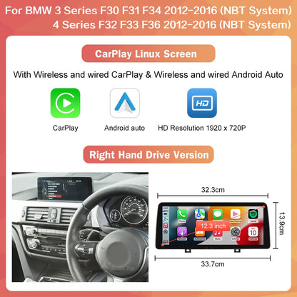 12.3" Car Multimedia Display Screen Wireless Carplay Android Auto For BMW 1 2 3 4 Series F20 F21 F22 F23 F30 F31 F33 F36 NBT EVO