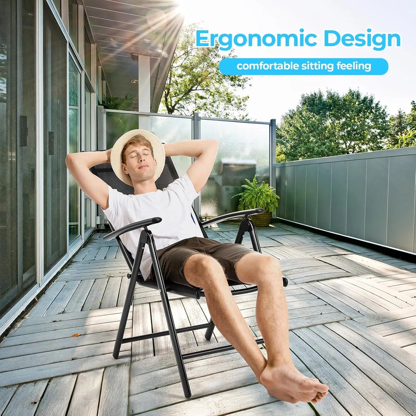 2PCS Deluxe Tuinstoelen - Aluminium Opvouwbare Stoelen met 7-Verstelbare Rugleuning en Armleuningen - Ademend Campingstoel voor Tuin - Balkon - Zwart