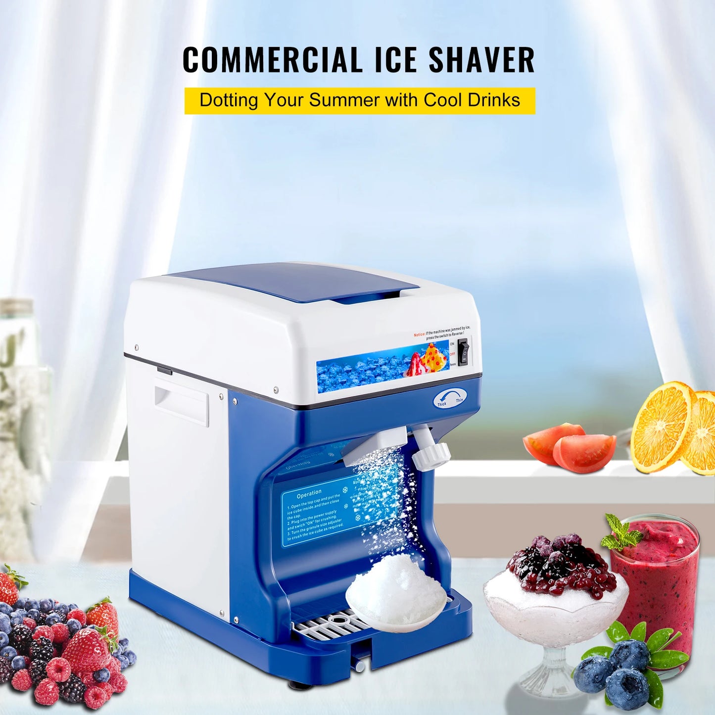 Ice Crusher - Schaaf ijsmachine - Slush Machine - 120kg Capaciteit - met Verstelbare Ijstextuur - 250W -   320 RPM - 29 x 39 x 43 cm - Blauw