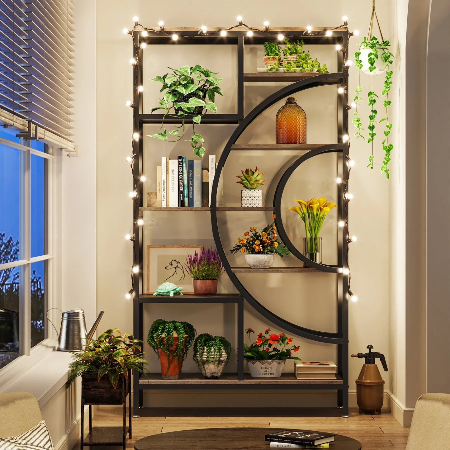 Boekenkast – Open Kast – Plankenrek – Opbergmeubel – Houten Frame – Industrieel Metalen Frame – 8-Laags Geometrisch Design - Bruin