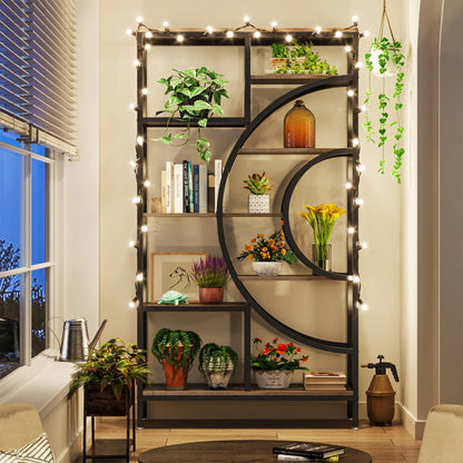 Boekenkast – Open Kast – Plankenrek – Opbergmeubel – Houten Frame – Industrieel Metalen Frame – 8-Laags Geometrisch Design - Zwart - QUORE