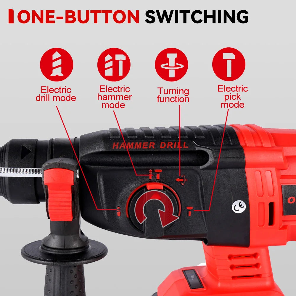 Boorhamer - Breekhamer - Boor - Klopboormachine - Bamerboormachine - Accu - Brushless - Elektrische Combihamer - 2000W - met 1 Accu, Lader en Accessoires – Geschikt voor 21V/18V Batterijen