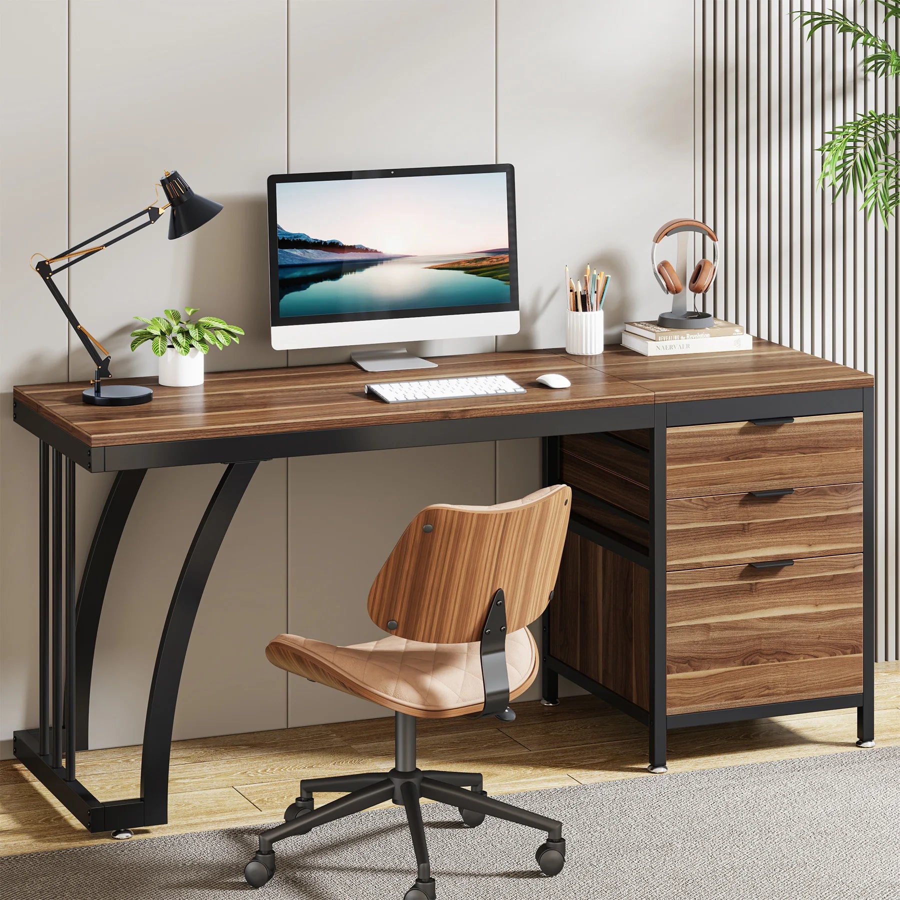 Bureau – Computerbureau – Werktafel – Studiebureau – Schrijftafel – Industriële Constructie – Verstelbare Laden - Walnoot - QUORE
