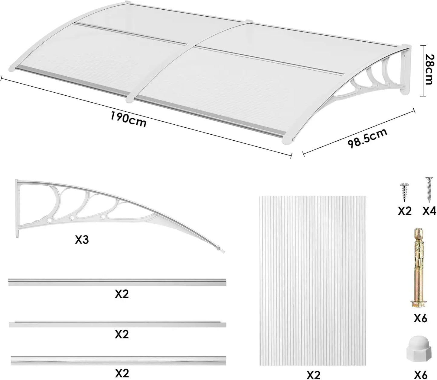 Deurluifel - Weerbestendige - Polycarbonaat Overkapping - Duurzame Materialen - Sterke ABS Beugels - Voor Deur - Raam en Balkon - 190x98.5 cm - Wit