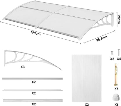 Deurluifel - Weerbestendige - Polycarbonaat Overkapping - Duurzame Materialen - Sterke ABS Beugels - Voor Deur - Raam en Balkon - 190x98.5 cm - Wit
