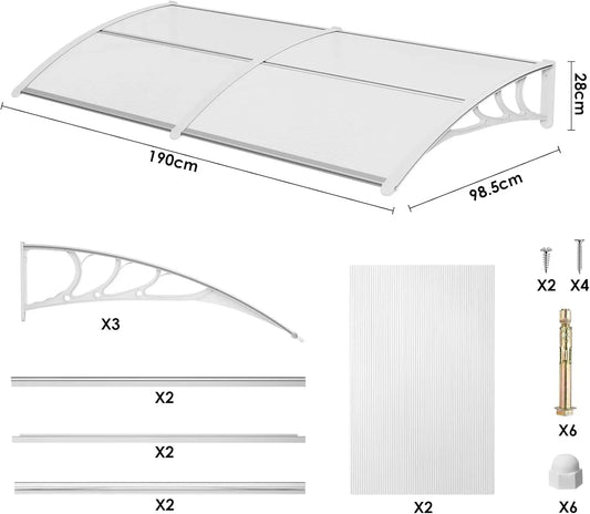 Deurluifel - Weerbestendige - Polycarbonaat Overkapping - Duurzame Materialen - Sterke ABS Beugels - Voor Deur - Raam en Balkon - 190x98.5 cm - Wit