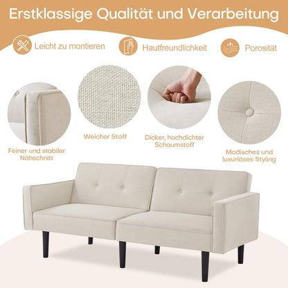 Slaapbank – Bankbed – Bedbank – 2-Zitsbank – Verstelbare Rugleuningen – Katoen-Linnen Stof – Houten Poten - 176 x 76 x 74 cm - Beige