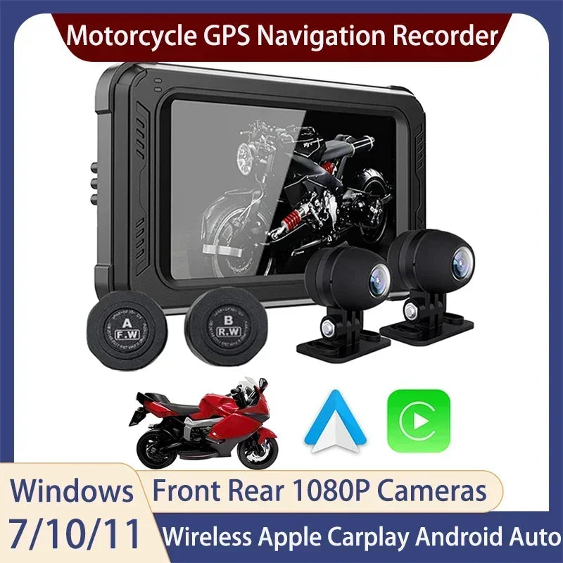 5 Inch Motorcycle GPS Navigation Wireless Carplay Android Auto Player Tire Pressure Detector Dual Cameras Recorder GPS Tracking