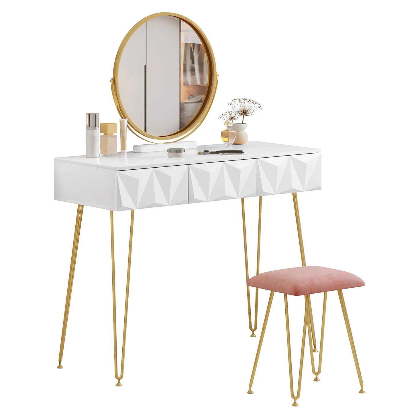 Kaptafel – Make-up Tafel – Visagie Tafel – Schminktafel – Dressoir – Wit – 360° Draaibare Spiegel – Fluwelen Kruk
