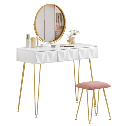 Kaptafel – Make-up Tafel – Visagie Tafel – Schminktafel – Dressoir – Wit – 360° Draaibare Spiegel – Fluwelen Kruk
