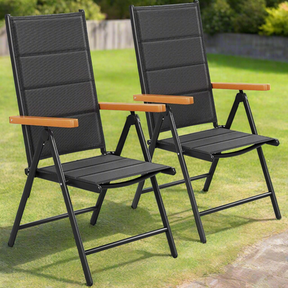 Tuinstoelen – Klapstoelen – Balkonstoelen – Tuinstoeltjes – Buitenstoelen – 7-voudig Verstelbare Rugleuning – Lichtgewicht Aluminium Frame - Zwarte Teakhouten Armleuning - QUORE