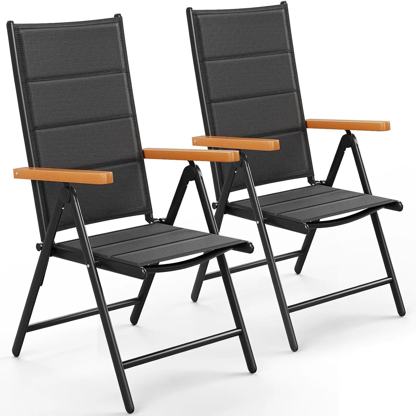 Tuinstoelen – Klapstoelen – Balkonstoelen – Tuinstoeltjes – Buitenstoelen – 7-voudig Verstelbare Rugleuning – Lichtgewicht Aluminium Frame - Zwarte Teakhouten Armleuning - QUORE