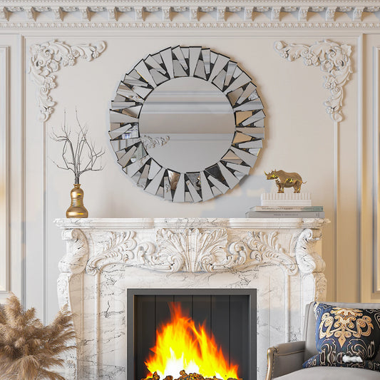 Spiegel - Wandspiegel - Spiegel Rond - Ronde Sunburst Spiegel – Decoratieve Muurspiegel – Modern - Zilver Glas – Beveiligde Beugels – Wanddecoratie - Voor Badkamer - Woonkamer - Slaapkamer - 81.28cm/32inch - Zilver