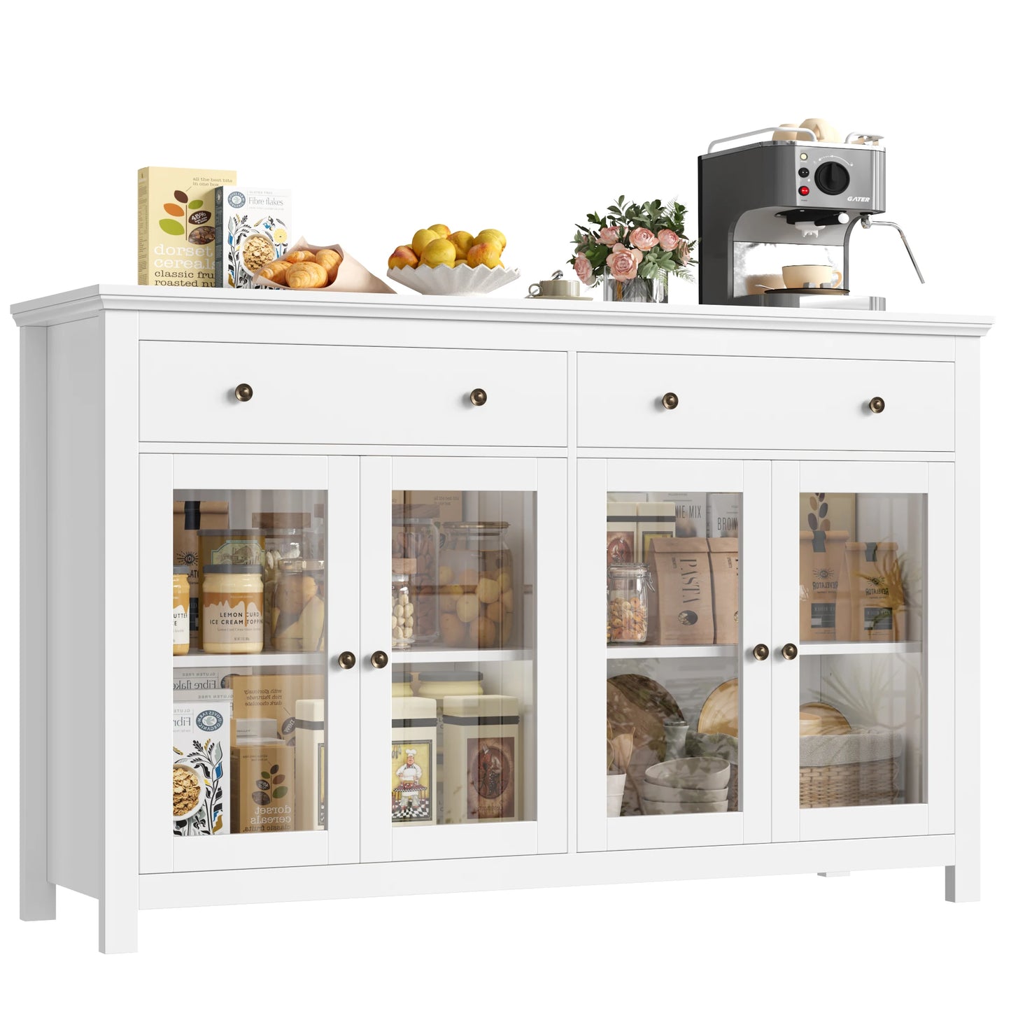 Sideboard – Dressoir – Buffetkast – Opbergkast – Wit – 140x90,7x40 cm – Met Verstelbare Planken en Stil Scharnierend Glas