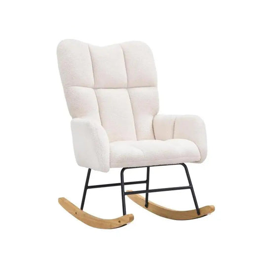 Schommelstoel – Relaxstoel – Schommelzetel – Lounge Stoel – Teddy Velvet – Rubberhouten Frame – Ergonomisch Ontwerp - Ivoor Wit