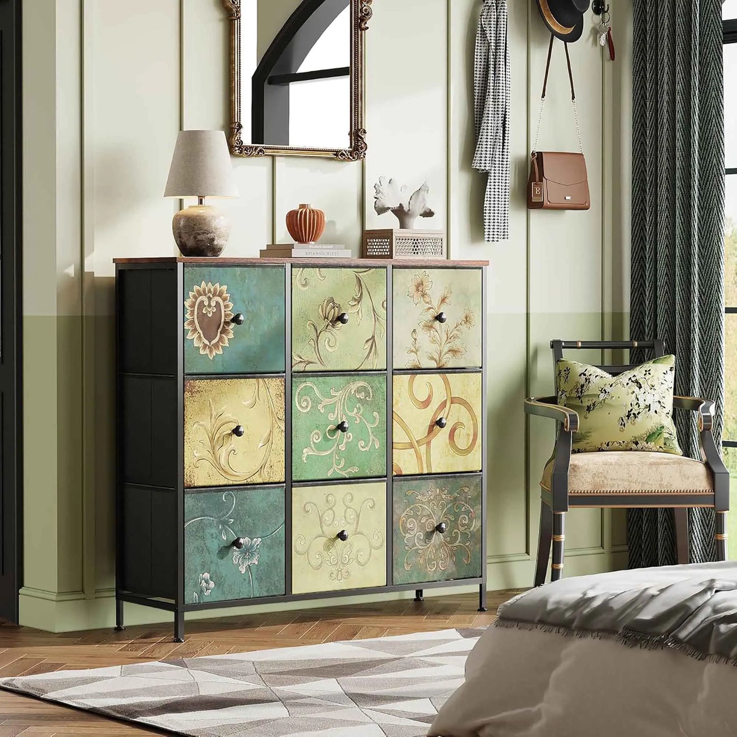 Ladenkast - Dressoir Kasten - Ladekast met 9 Stoffen Lades - Vintage Houtlook - Stabiele Opbergkast - Metaal Frame - Voor Slaapkamer - Woonkamer - Hal - 100 x 30 x 86.5 cm - Antiquiteit