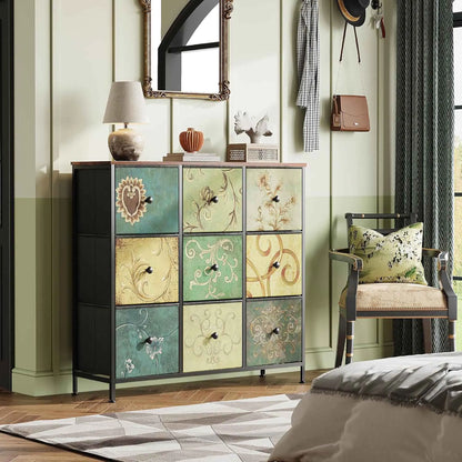 Ladenkast - Dressoir Kasten - Ladekast met 9 Stoffen Lades - Vintage Houtlook - Stabiele Opbergkast - Metaal Frame - Voor Slaapkamer - Woonkamer - Hal - 100 x 30 x 86.5 cm - Antiquiteit
