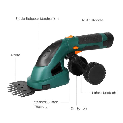 2 in 1 Accuheggenschaar - Tuingereedschap - Struiktrimmer - 17cm Zwaardlengte - met Verlengstok - Wielen - Adapter - voor het Snijden - Trimmen - Nauwkeurige Snit - 1.5Ah - 1100rpm - 7.2Vdc - Groen