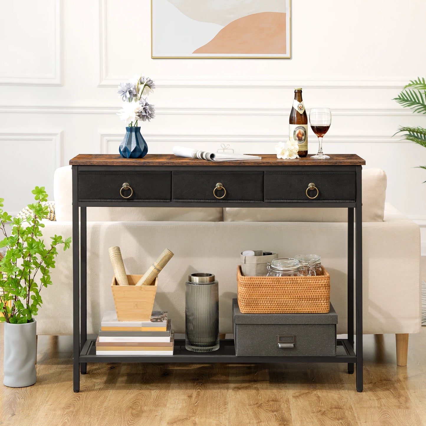 Smalle Sidetable – Smalle Tafel – Halmeubel – Opbergtafel – Retro Design – 100 X 25 Cm – Houtfineer Met Metaal